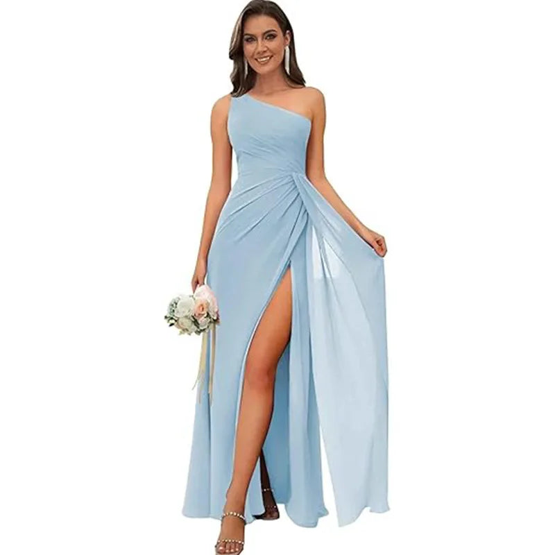 One Shoulder Draped Chiffon Bridesmaid Dress