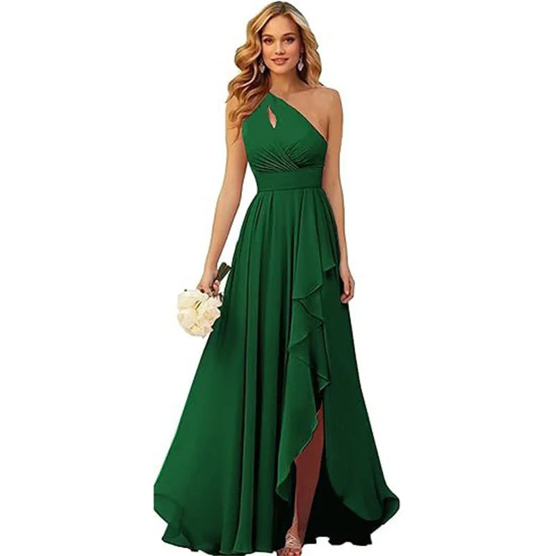 A Line Chiffon Bridesmaid Dresses One Shouder Slit Pleat Elegant Wedding Party Formal Prom Evening Lace Up Back