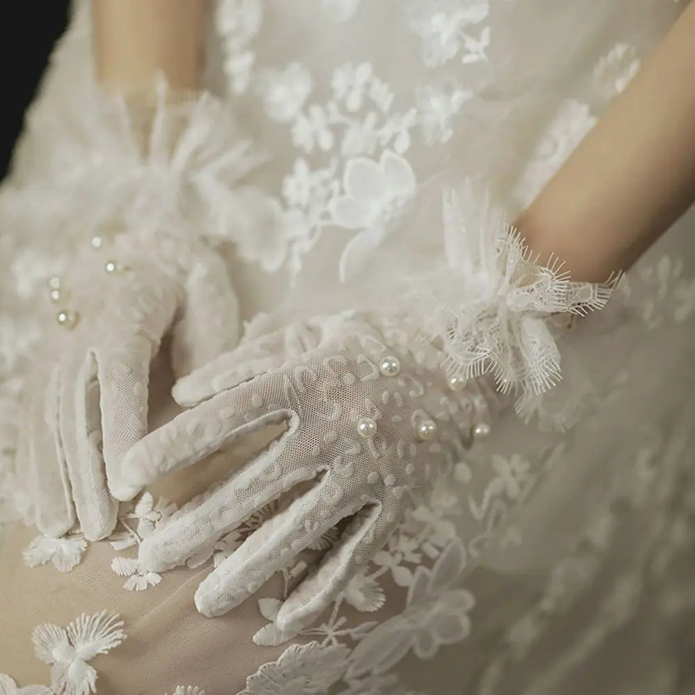 Wrist-Length Satin Bridal Gloves with Pearl and Bow