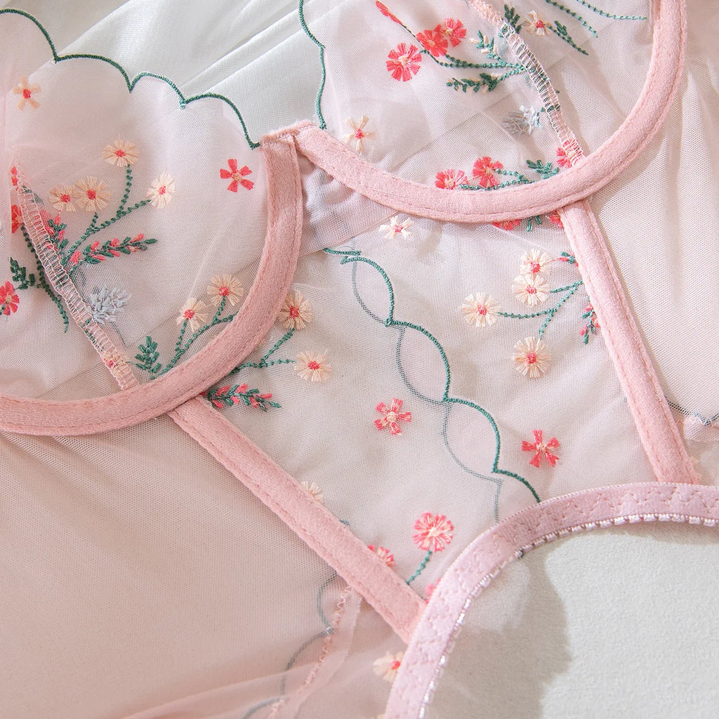 Pink Floral Lace Teddy & Garter Bridal Set