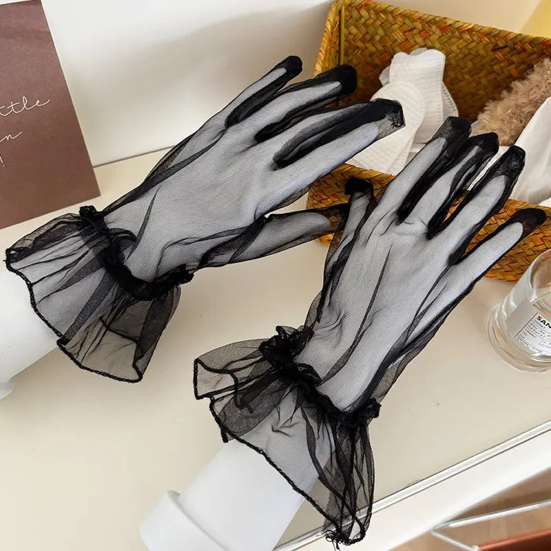 Wedding Gloves Ruffle Summer Women Short Tulle Gloves White Black Wedding Lace Full Finger Mittens Mesh Translucent Gloves
