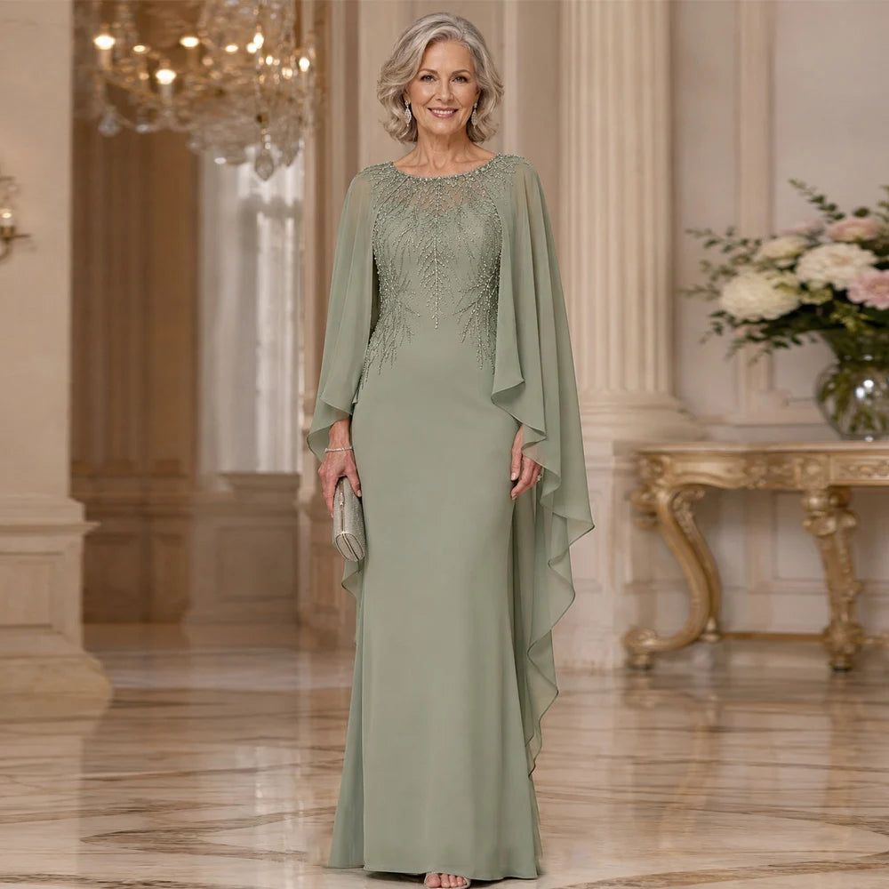 Customized Mother of The Bride Dress Cape Sleeves Pleated Scoop Neck Beading Chiffon Mermaid Wedding Guest Gowns Party Dresses