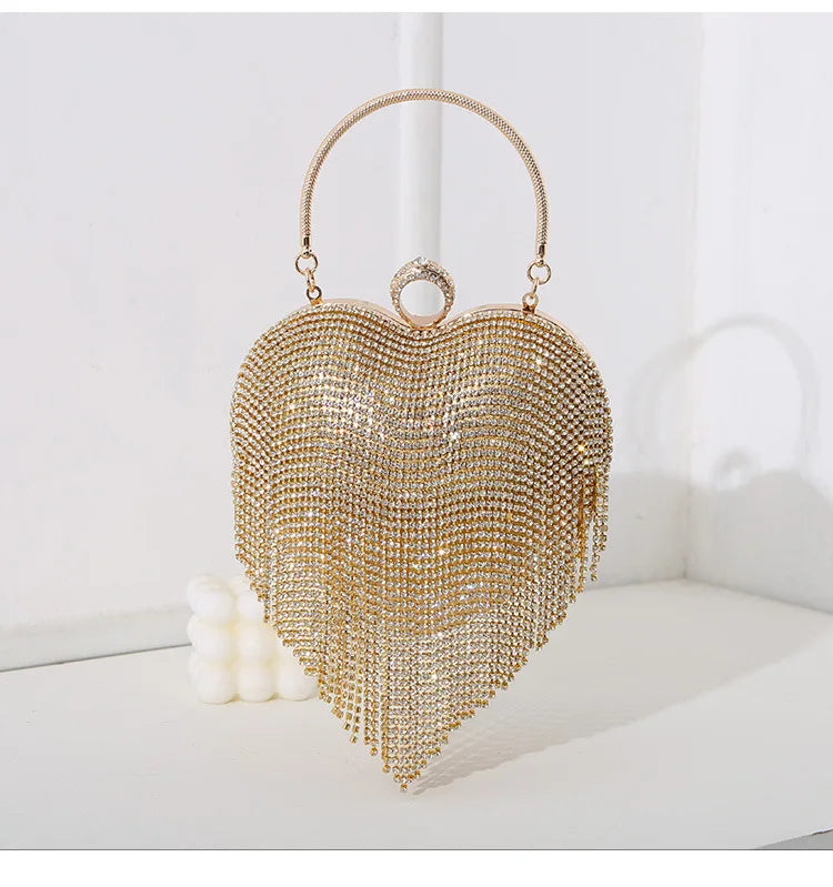 Heart Pattern Diamond Tassel Clutch
