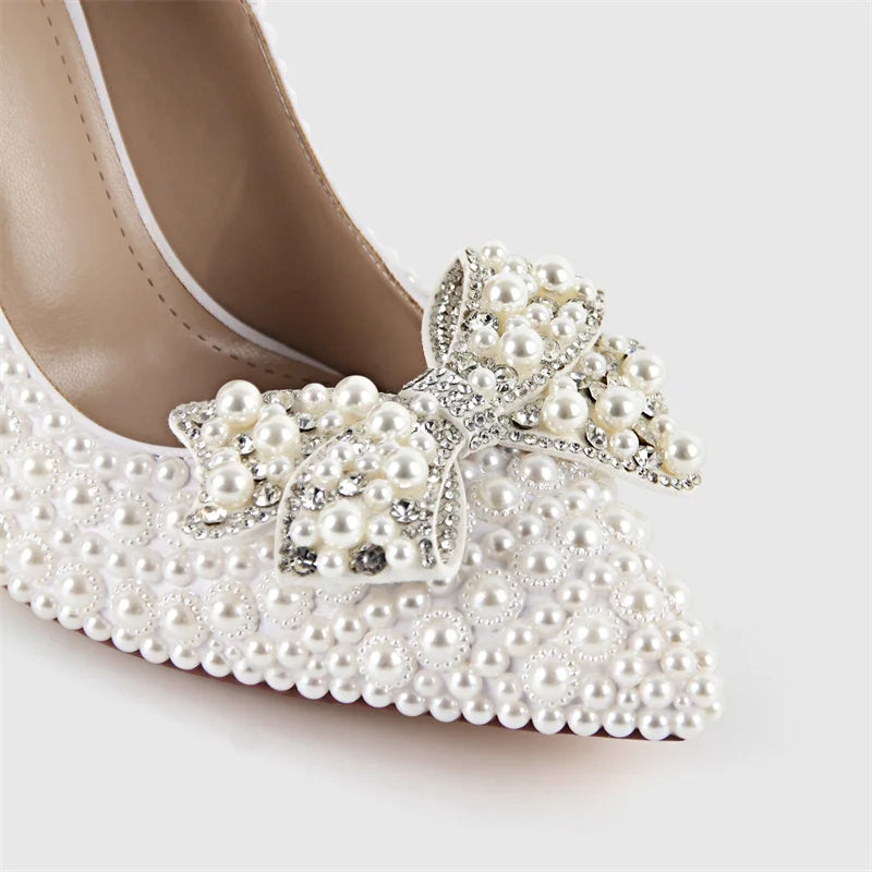 Onlymaker Women Pointed Toe White Bridal Pumps Slip-On Pearl Crystal 11CM Thin Heels Party Wedding Bride Stiletto Shoes