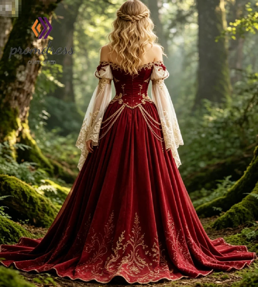 Enchanted Forest Red Velvet Medieval Wedding Dress 2026 Off Shoulder Victorian Celestial Whimsigoth Bridal Gowns Ombre Cosplay