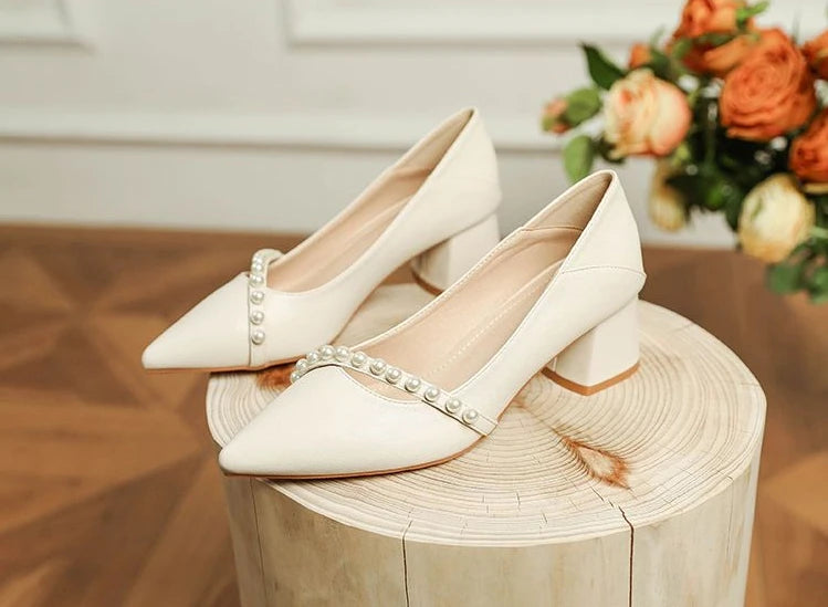 With Medium Heels Shoes for Women 2025 Wedding Bride Shoe White Ladies Summer Footwear Pearl Office Slip on Lastest Casual Trend