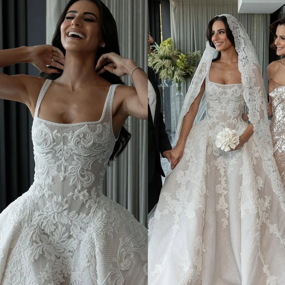 Square Neck Beaded Chiffon A-Line Wedding Dress