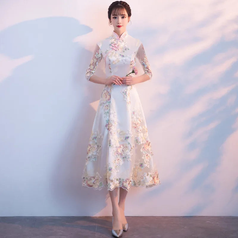 Floral Embroidered Satin Cheongsam Gown