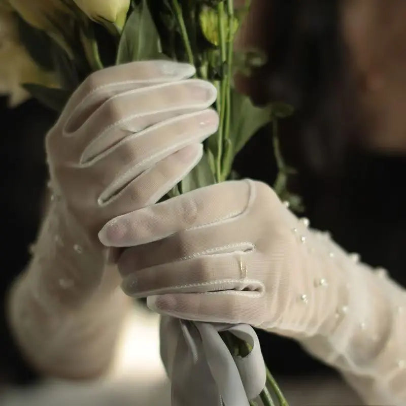 Elegant Pearl Beaded Long Elbow Bridal Gloves for Wedding Party Finger Tulle Gloves Marriage Accessories
