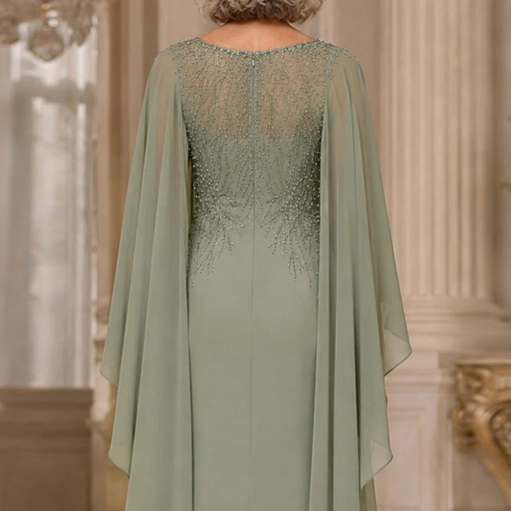 Customized Mother of The Bride Dress Cape Sleeves Pleated Scoop Neck Beading Chiffon Mermaid Wedding Guest Gowns Party Dresses