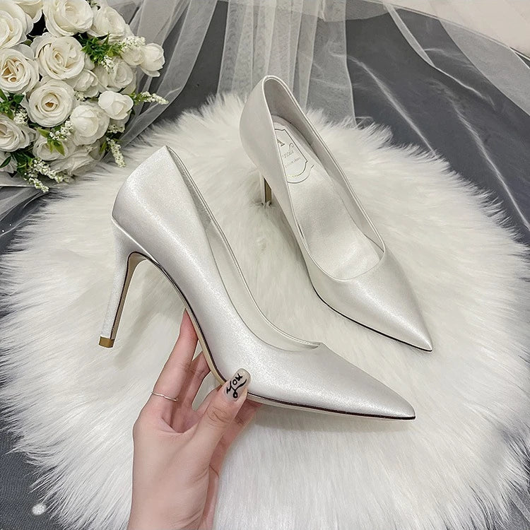 Pumps Women Shoes Wedding Shoes White High Heels Women's Satin Bridal Shoe Bridesmaid Shoes Large Size 42 43