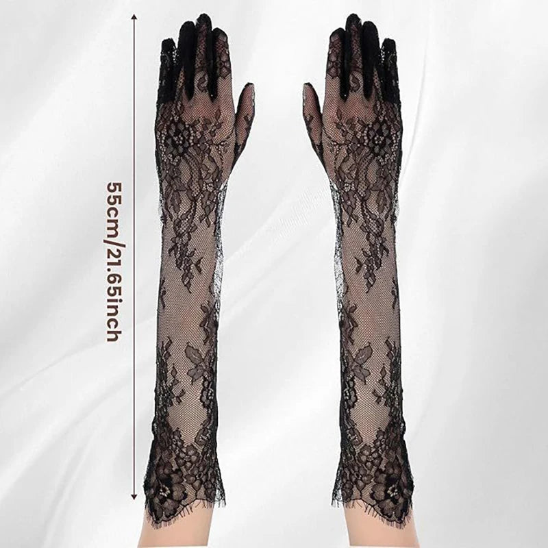 Fairy Long Black Lace Gloves Sexy Mesh Hollow Out Bridal Glove Thin Sunscreen Elbow Gloves Wedding Dress Photography Accessories