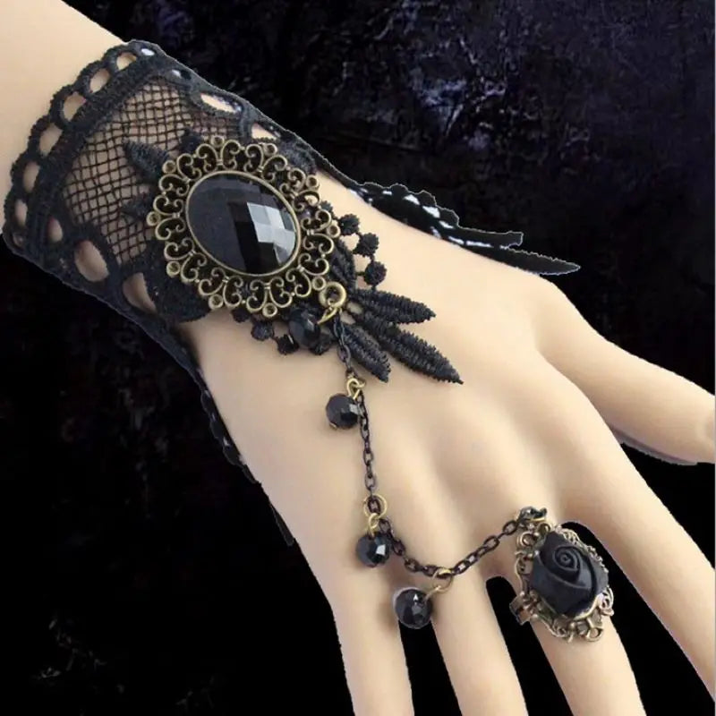 Vintage Black Lace Flowers Fingerless Bridal Gloves+Alloy Ring/Bridal Bracelet 1143