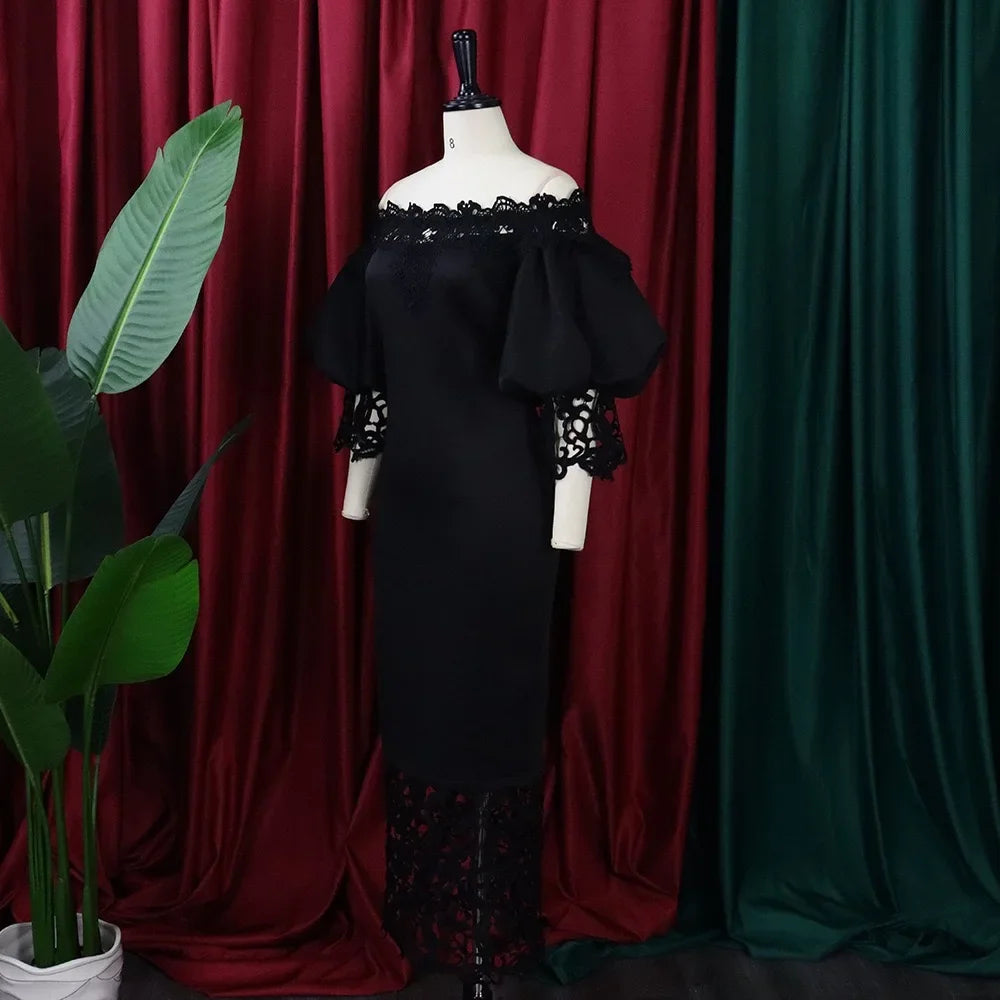 Off-Shoulder Lantern Sleeve Lace Sheath Dress