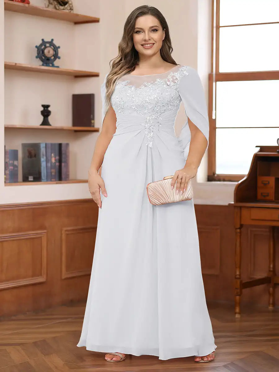Plus Size Mother of the Bride Dress for Women Lace Applique Pleated Scoop Chiffon Formal Wedding Guest Party Dresses