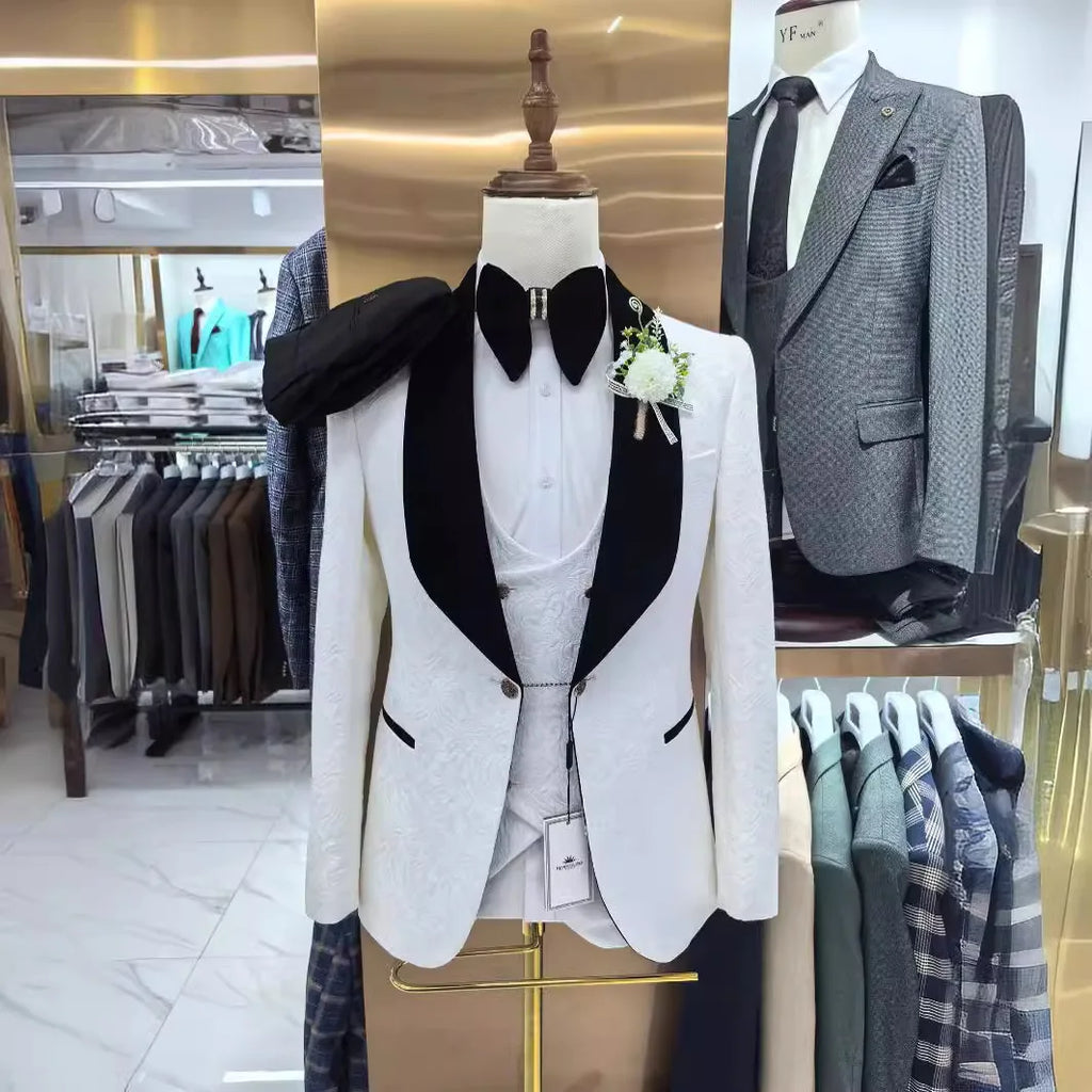 Thorndike Mens Wedding Suits White Jacquard with Black Satin Collar Tuxedo3 Pcs Groom Terno Suits for Men(Jacket+Vest+Pants)