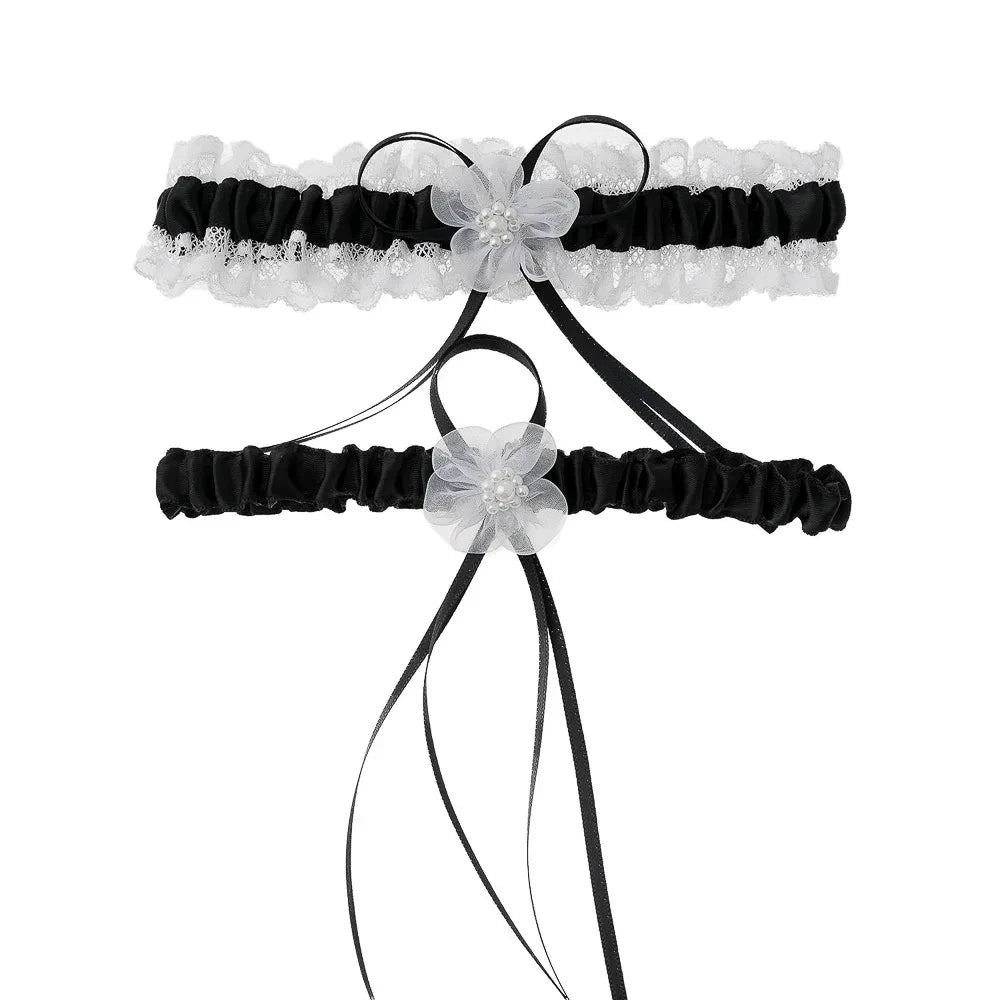Satin Sash Flower and Pearl Bridal Garter Set