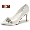 New White Champagne Women Bridal Wedding Shoes Faux Silk Satin Rhinestone Crystal Shallow Pumps Stiletto High Heel