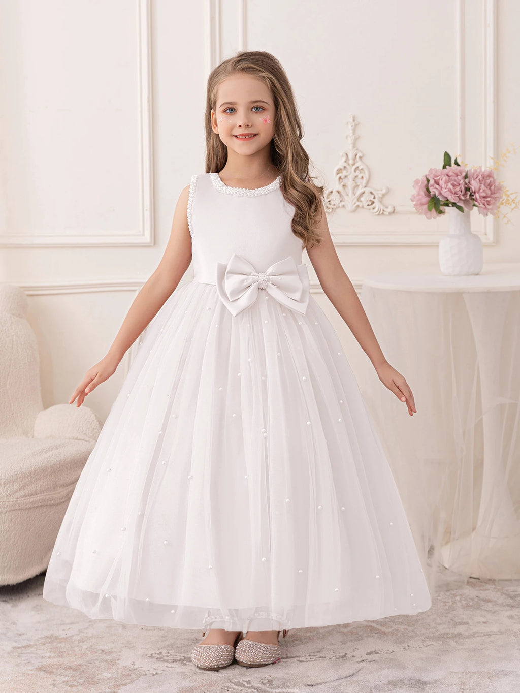 Girls Wedding White Dress Puffy Gauze Skirt Flower Children's Skirt Bridesmaid Evening Dress