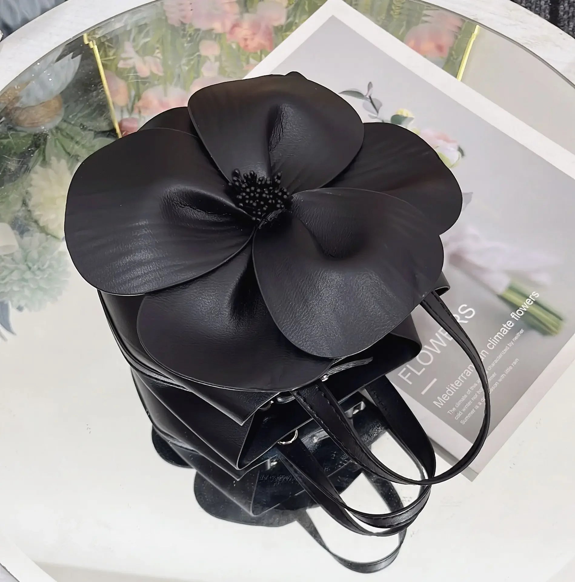 3D Floral Soft PU Leather Women Small Bucket Handbag Wedding Purse Dress Party Evening Bridal Clutch Bag