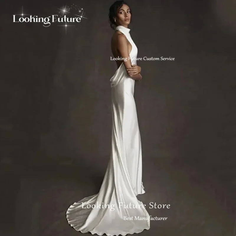 Halter Backless Ruched Satin Mermaid Wedding Dress