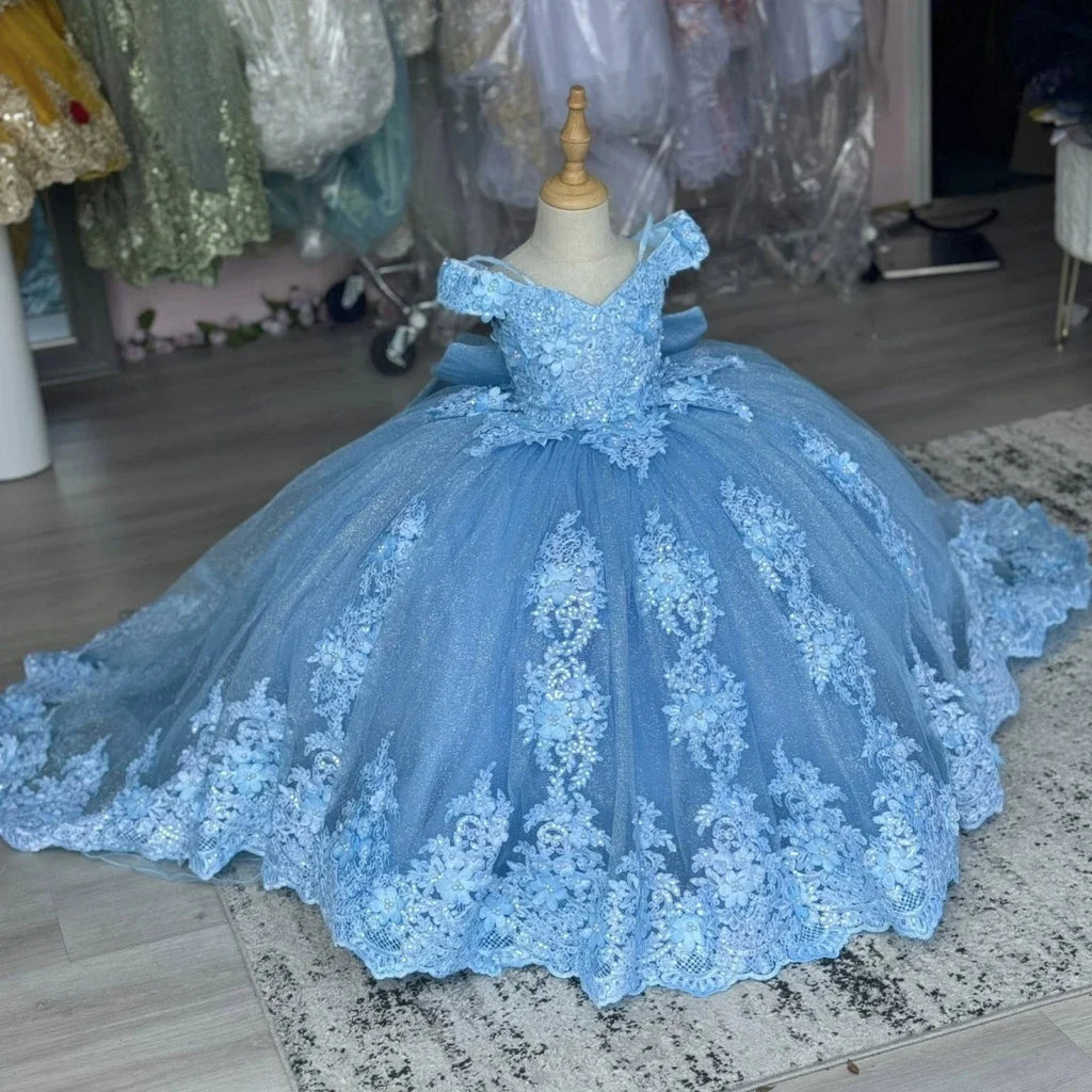 Sequined Blue Flower Girl Dress