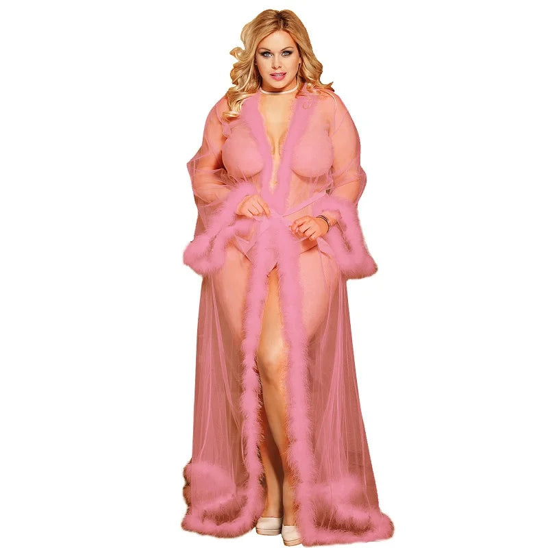 Comeondear Plus Size Feather Bridal Robe Wedding Long Gown Lingerie Bridesmaid Robe Fur Nightgown Bathrobe Tulle Maternity Dress