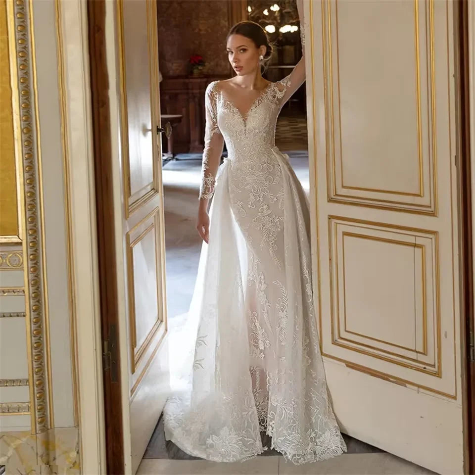 Customized Luxury Mermaid Wedding Dress  O-neck Long Sleeve Tulle Backless Bridal Gown Detachable Trailing Marriage Dress