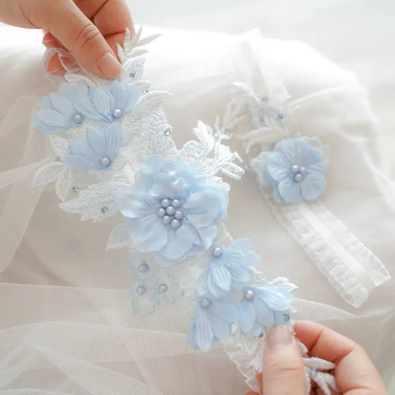 Kyunovia Sexy Lace Wedding Garter Bead Embroidery Flower Sexy Garters for Women Bride Thigh Ring Bridal Leg Garter 2pcs/Set KG21