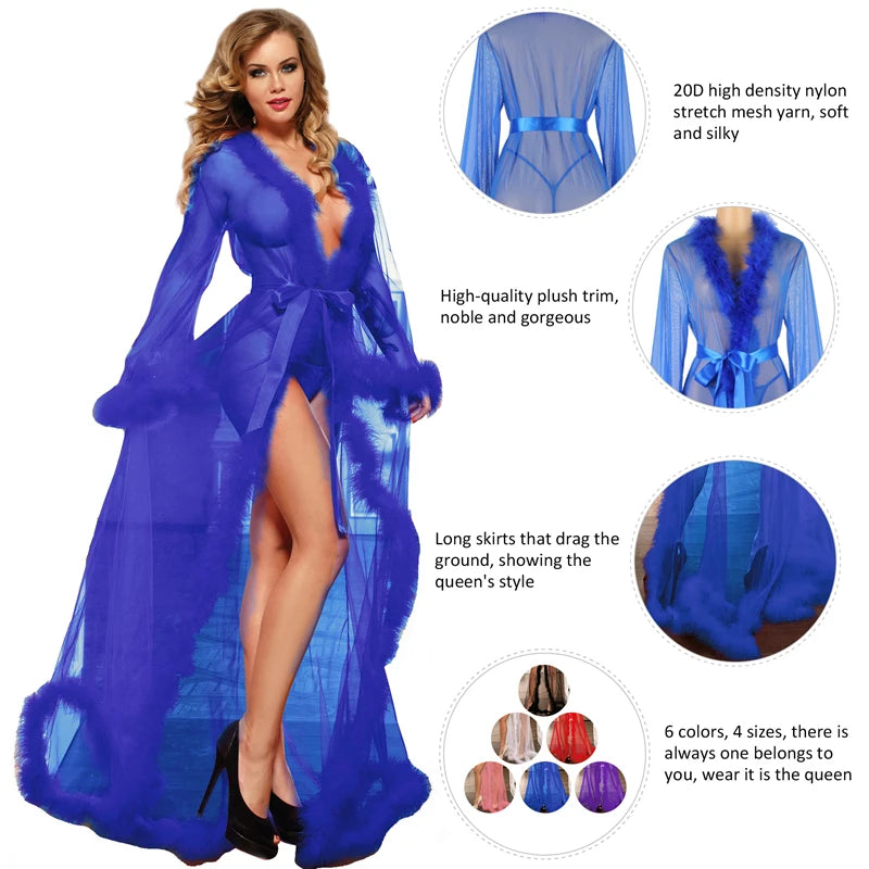 Comeondear Plus Size Feather Bridal Robe Wedding Long Gown Lingerie Bridesmaid Robe Fur Nightgown Bathrobe Tulle Maternity Dress