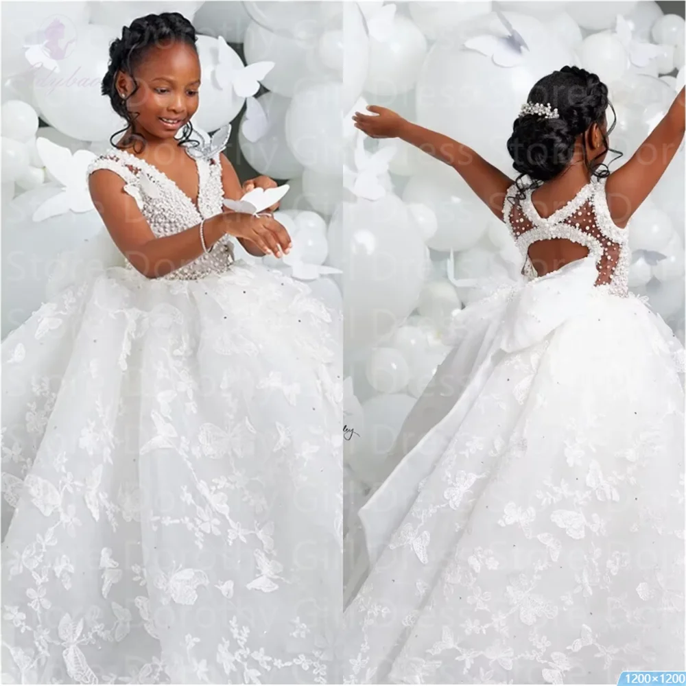 V-Neck Butterfly Pearl Flower Girl Dress