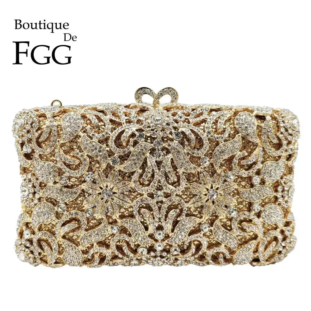 Boutique De FGG Handmade Flower Evening Bags and Clutches, Gold Rhinestone Clutch Purses and Handbags, Wedding Bridal CLutch Bag