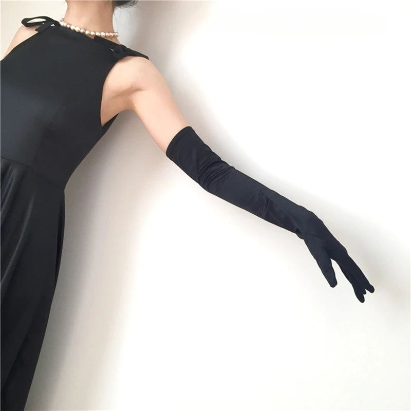 Silk Satin Bridal Gloves Over Elbow Length UV Protection Wedding Accessory Womens Stretch Elastic White Black