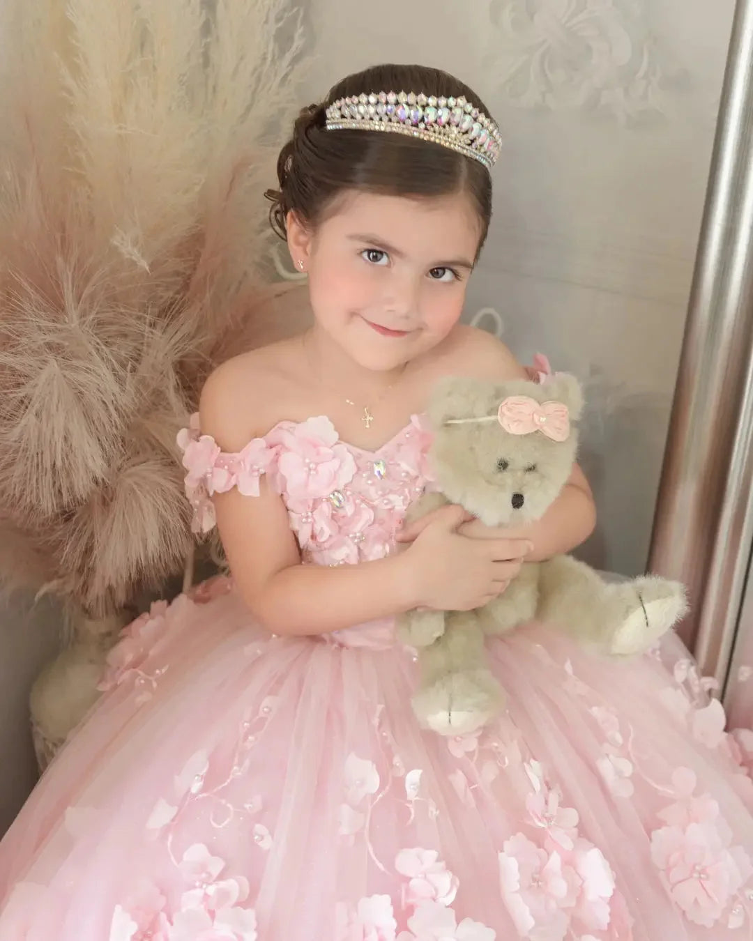 Off-Shoulder Pearl Tulle Flower Girl Dress