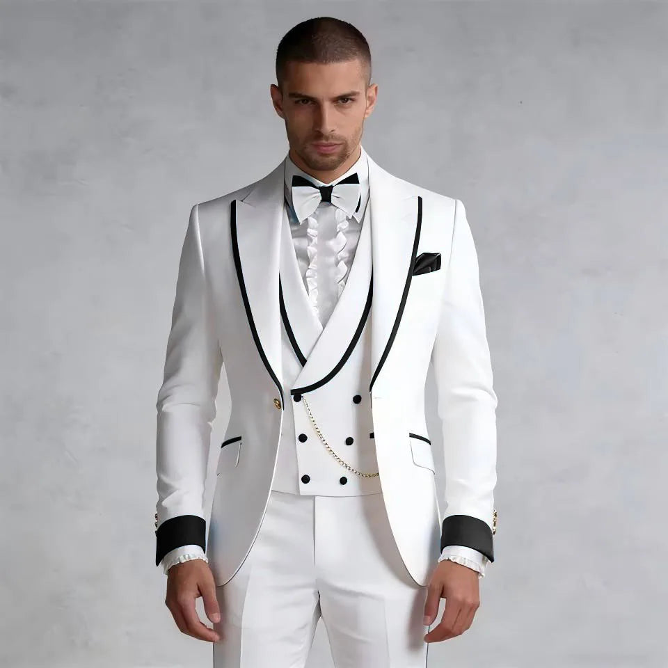 Fashion Luxury Tailor-made White Suits For Men 3 Piece Set Slim Fit Formal Wedding Best Man Groom Tuxedos (jacket+Vest+Pants)