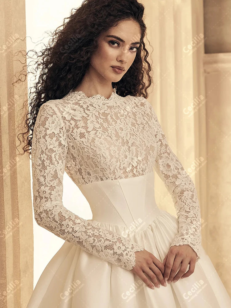 Gorgeous Wedding Dresses A Line Satin Bridal Gowns Modest Robes Full Sleeves Charming Muslim Customized Vestidos De Novia 2025