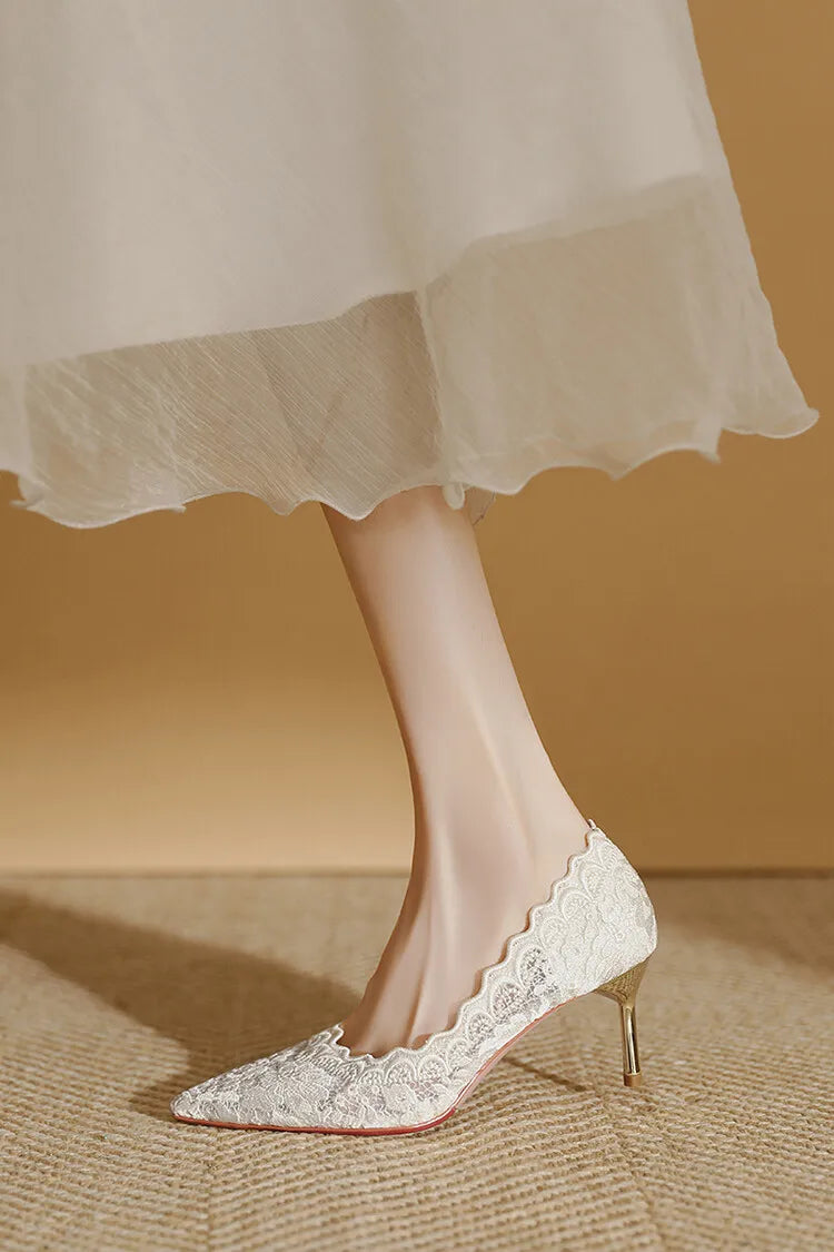 Embroidered Bridal Shoes Wedding Shoes Retro French Sandals 6.5cm High Heels Single Shoes Thin Heels Banquet Pointed Pumps 34-39