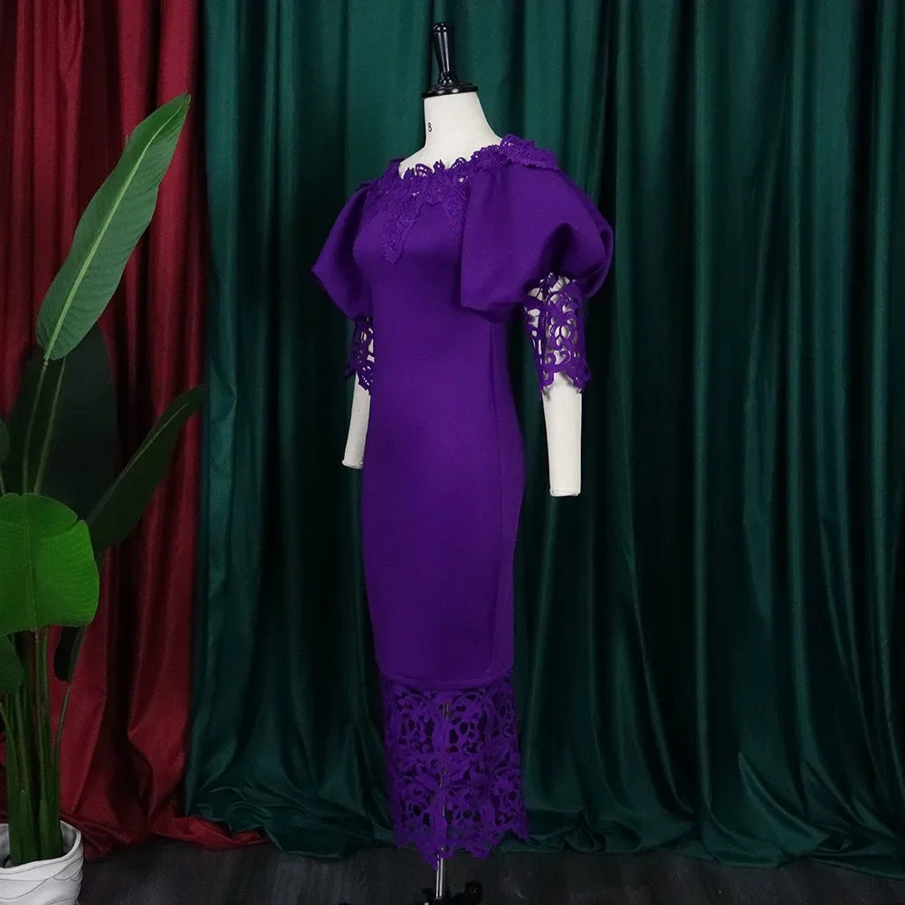 Off-Shoulder Lantern Sleeve Lace Sheath Dress