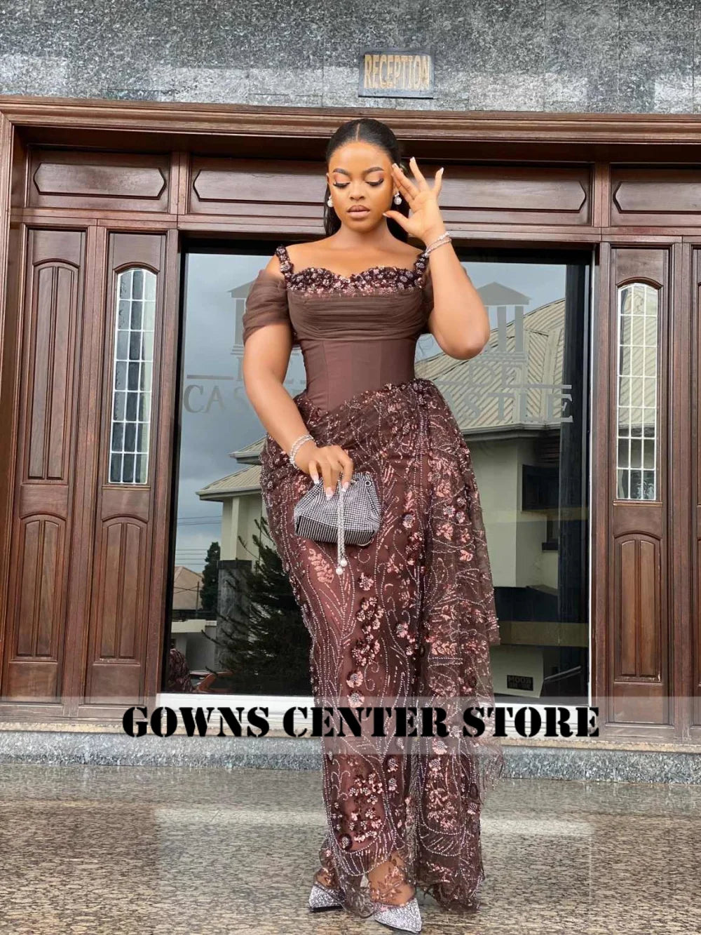 Fabulous Brown Lace Evening Dresses African Traditional Wedding Bride Dress Luxury Beads Lace Birthday Dress Asoebi Costomized