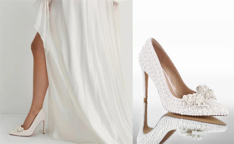 Onlymaker Women Pointed Toe White Bridal Pumps Slip-On Pearl Crystal 11CM Thin Heels Party Wedding Bride Stiletto Shoes