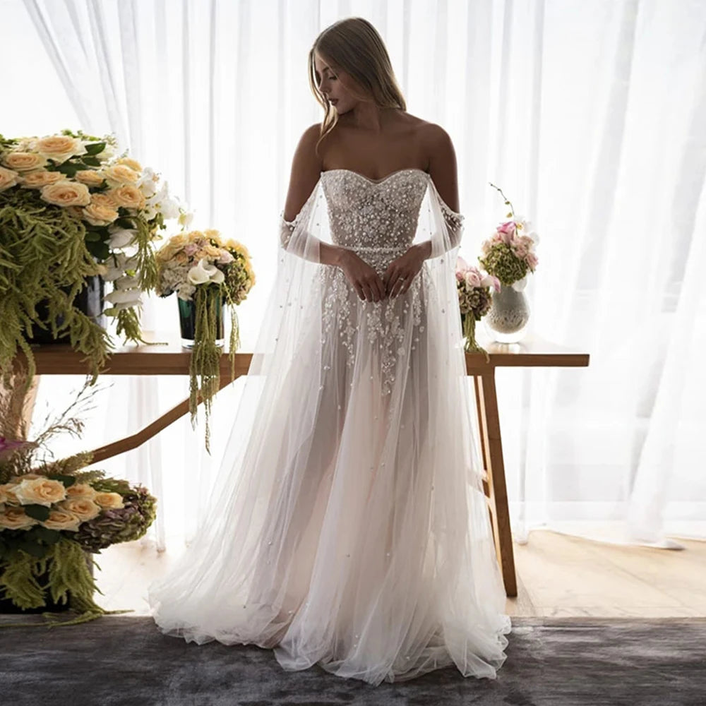 Boho Off-Shoulder Pearl Beaded Wedding Dress