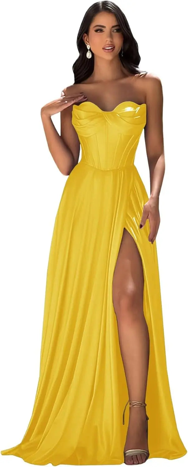 Chicbridal Women's Strapless Prom Dress Satin A-Line Long Ball Gown Sweetheart Corset Formal Dress with Pockets And Side Slit