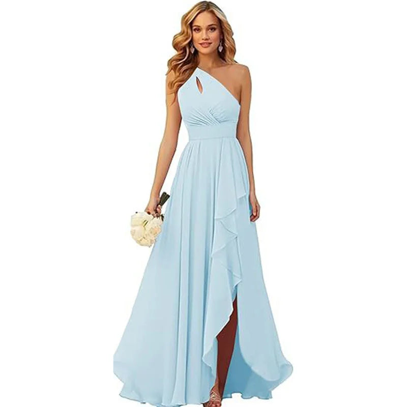 A Line Chiffon Bridesmaid Dresses One Shouder Slit Pleat Elegant Wedding Party Formal Prom Evening Lace Up Back