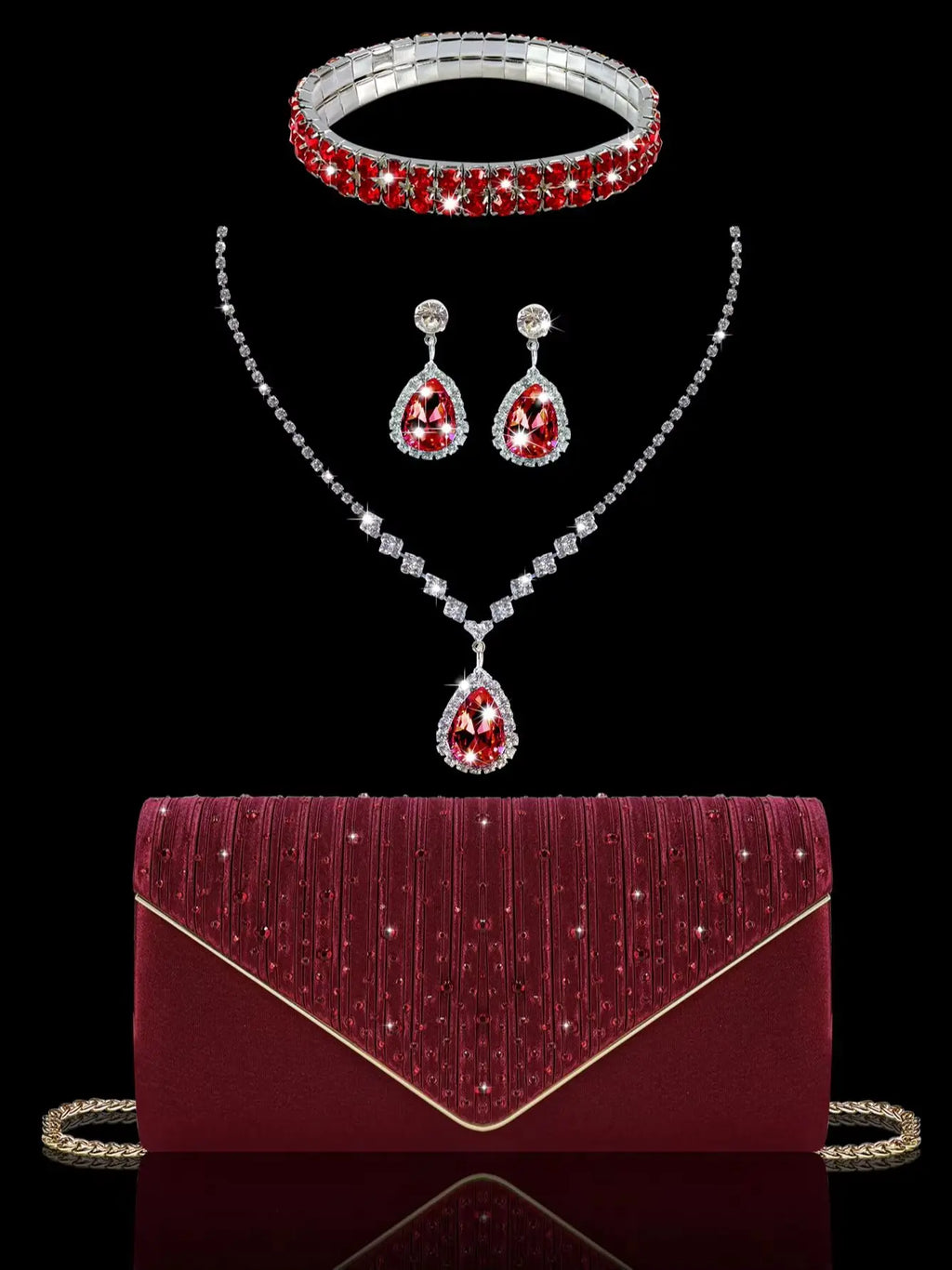 Elegant party clutch embellished with gorgeous rhinestones, paired with stunning rhinestone necklace, earrings and bracelets.
