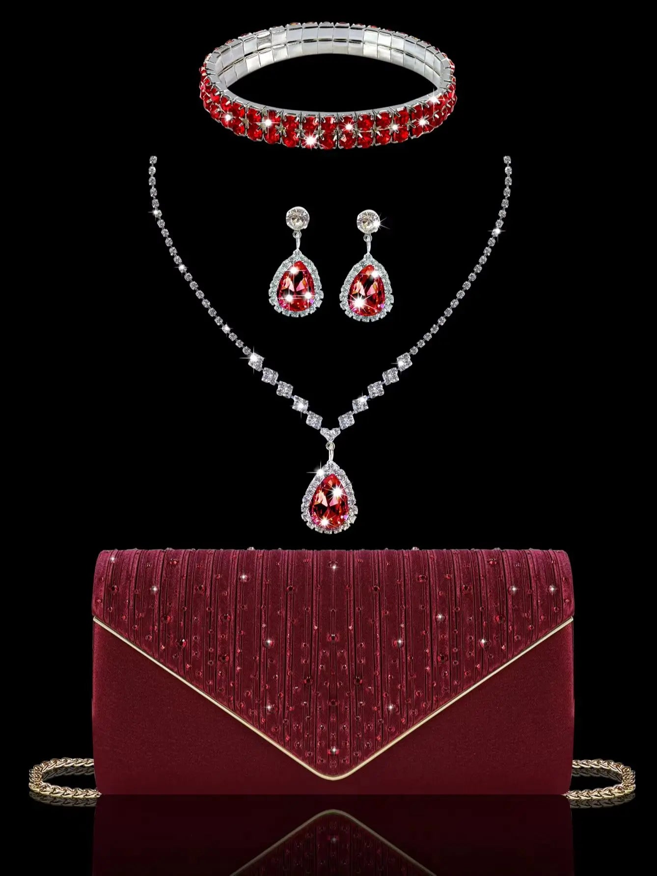 Elegant party clutch embellished with gorgeous rhinestones, paired with stunning rhinestone necklace, earrings and bracelets.