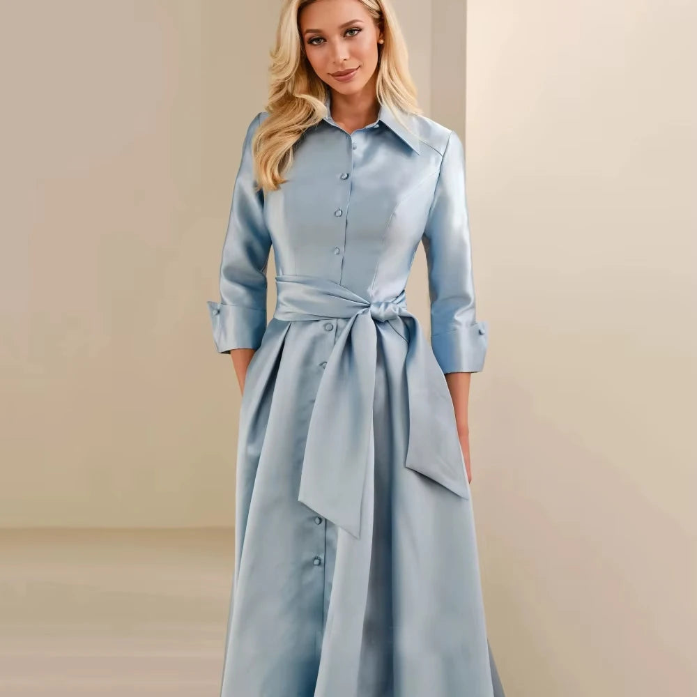 Customized Mother of the Bride Dress Button Formal Dress Long Sleeves A Line Gown with Belt Vestido Wedding Party Dresses