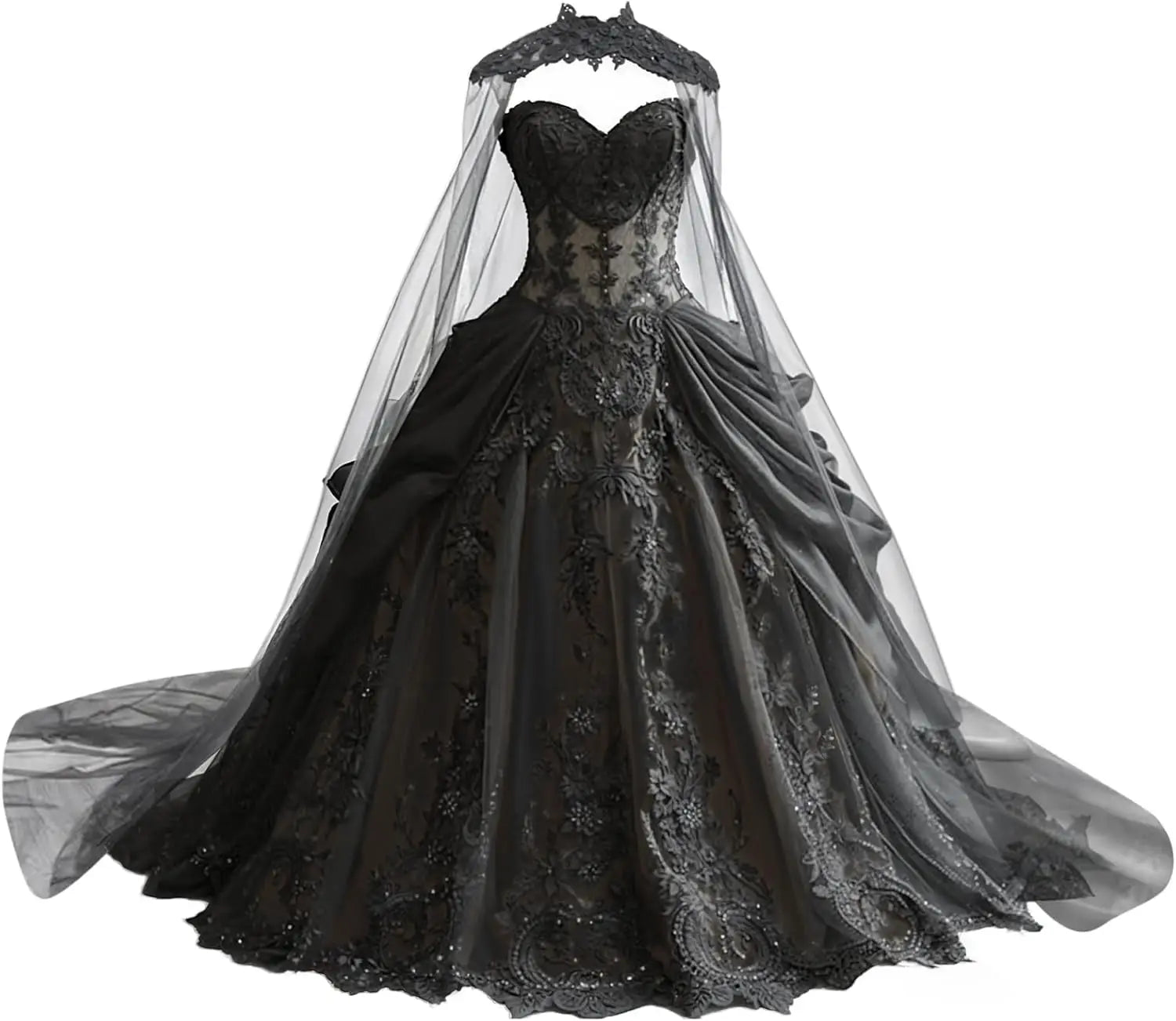 Gothic Weeding Dresses for Brides Black Lace Applique Bridal Dresses Embroidery Tiered Tulle Wedding Gowns with Cape