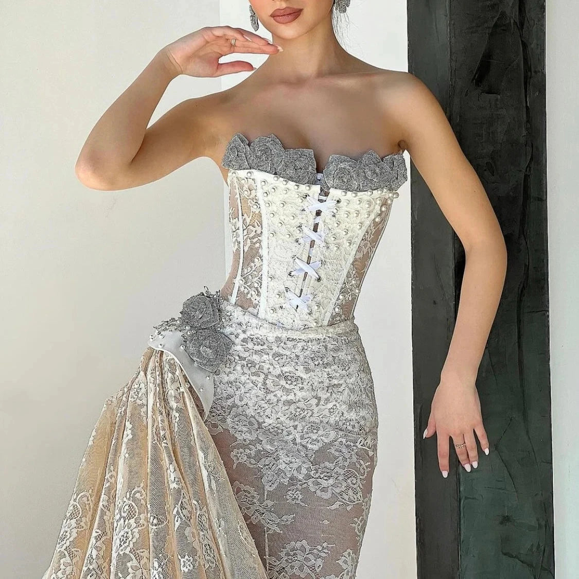 Champagne Wedding Dresses Mermaid Lace Pearls Bridal Gown Saudi Arabic Dubai Islamic Middle Eastern Vestido De Noiva Customized