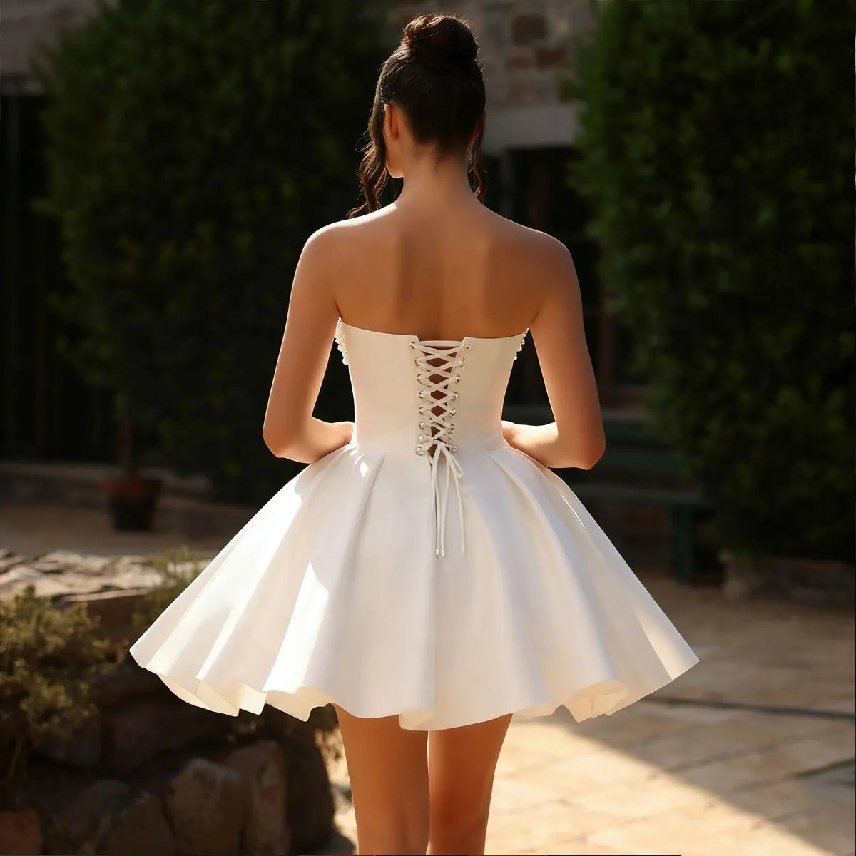 Beaded Strapless Puffy Mini Wedding Dress