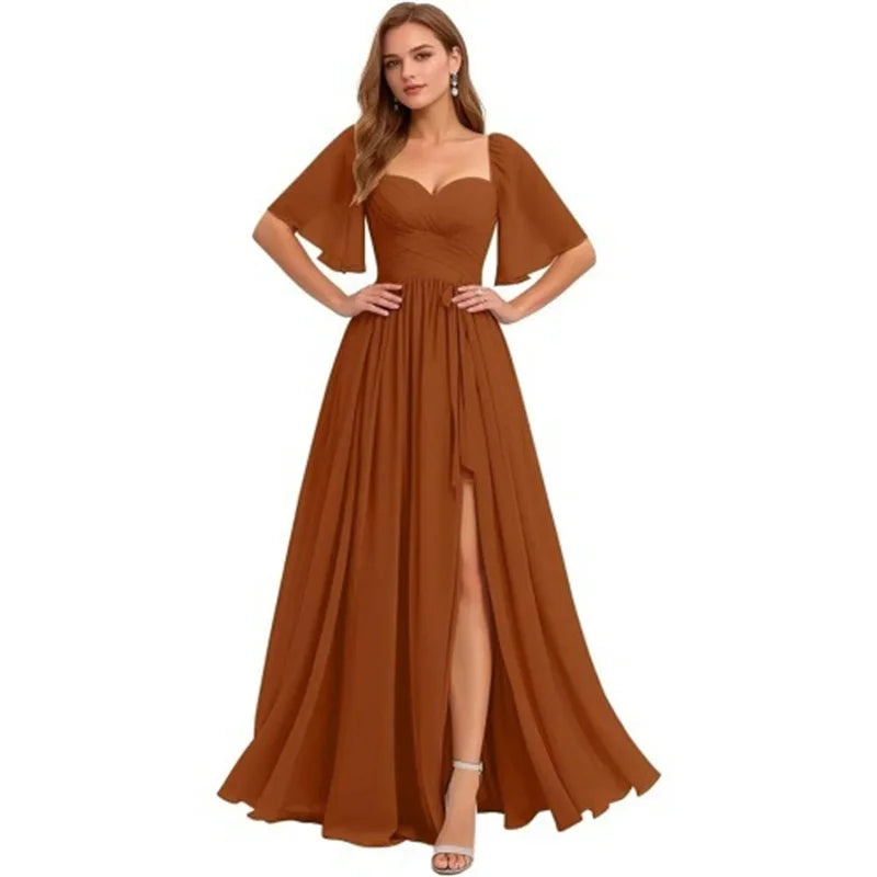 A Line Short Sleeve Chiffon Bridesmaid Dresses One Shouder Slit Pleat Elegant Wedding Party Formal Prom Evening Lace Up Back